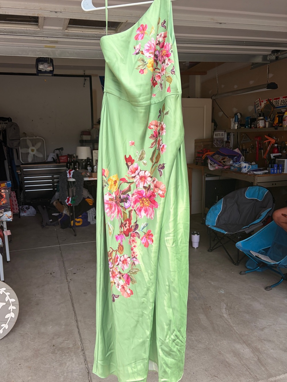 Anthropologie Lime Green One-Shoulder Floral Maxi Dress